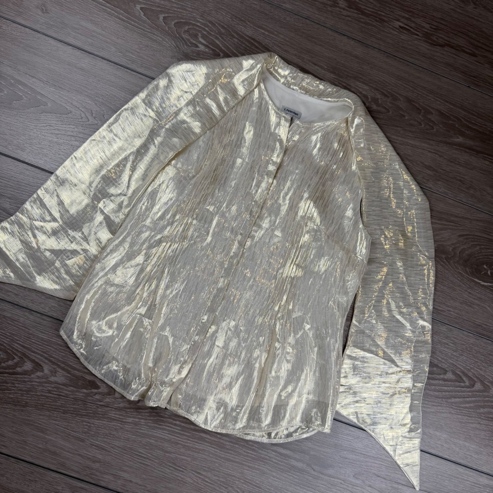 J. Peterman Women Blouse Silk Metallic Lurex Shimmer Gold 4